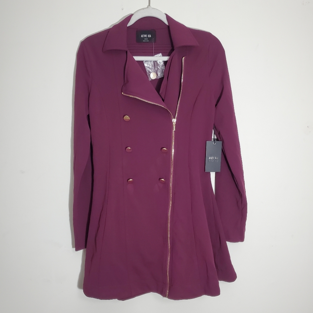 NEW Active USA Long Light Jacket Size M Purple Dark Magenta Rose Gold Accents